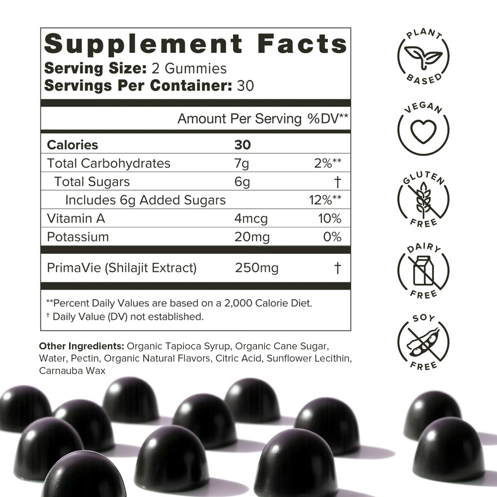 Organifi Shilajit Gummies label closeup emphasizes PrimaVie potency