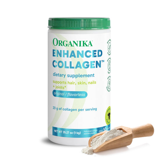Organika collagen powder bottle showing unflavoured formula for daily use