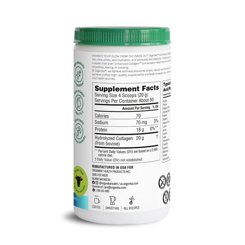 Organika collagen powder texture close-up, hydrolyzed for easy absorption