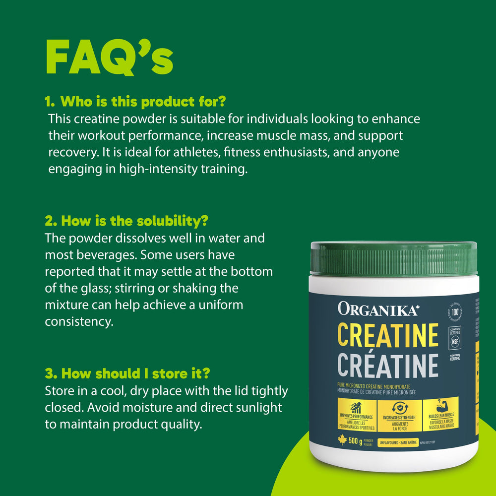 Front packaging of Organika Unflavoured Creatine Powder with clean design.