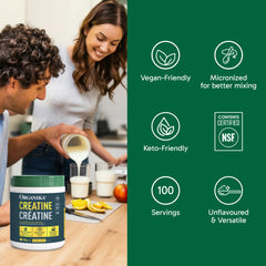 Organika creatine powder scoop showing precise serving for consistent dosing and results.
