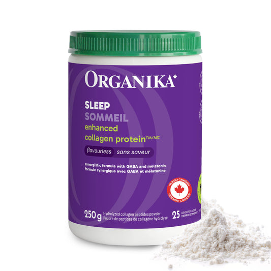Organika Enhanced Collagen Sleep bottle shown for easy nightly use and convenient supplementation.
