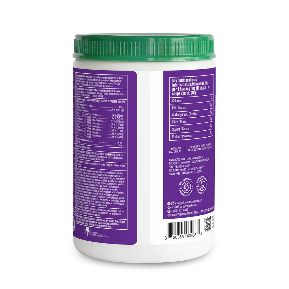 Organika Enhanced Collagen Sleep ingredient closeup showcases collagen peptides and natural additives.