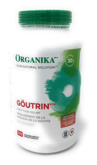 Organika Goutrin bottle pouring capsules to support uric balance.