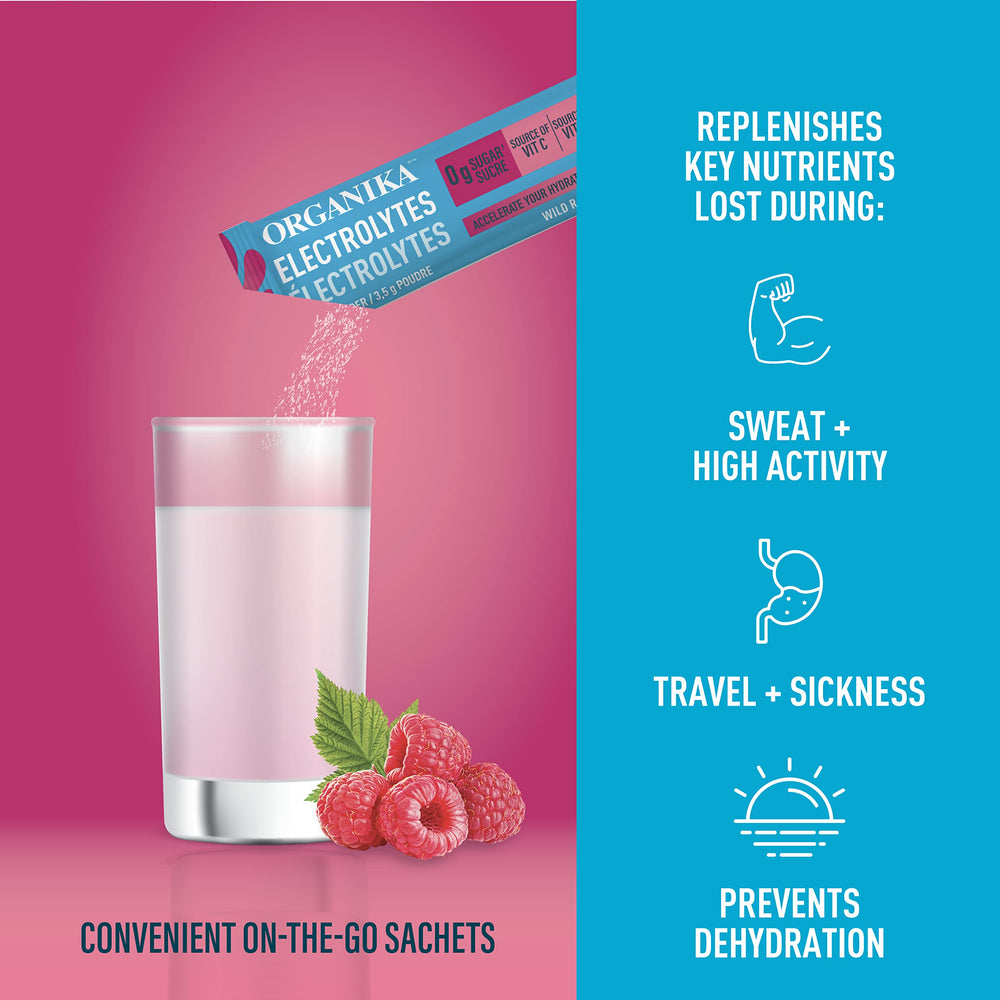 Organika Pure Electrolytes Raspberry glass showing a refreshing vitamin C drink.