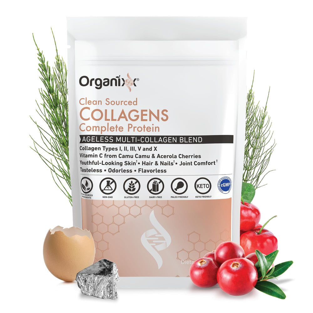 Organixx Clean Sourced Collagen bottle photographed to highlight complete protein with vitamin C for absorption.