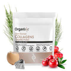 Organixx Clean Sourced Collagen label closeup shows vitamin C for absorption and quality ingredients.
