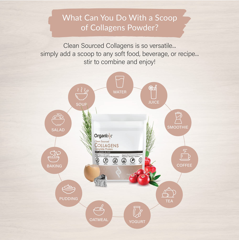 Organixx Clean Sourced Collagen scoop demonstrates convenient daily serving.