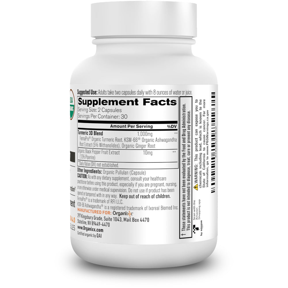 Organixx fermented turmeric formula ingredients bottle close-up with ginger and ashwagandha for digestive balance.