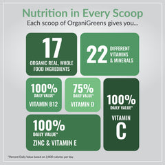 Close-up of Organixx Greens ingredients lineup and lifestyle greens blend