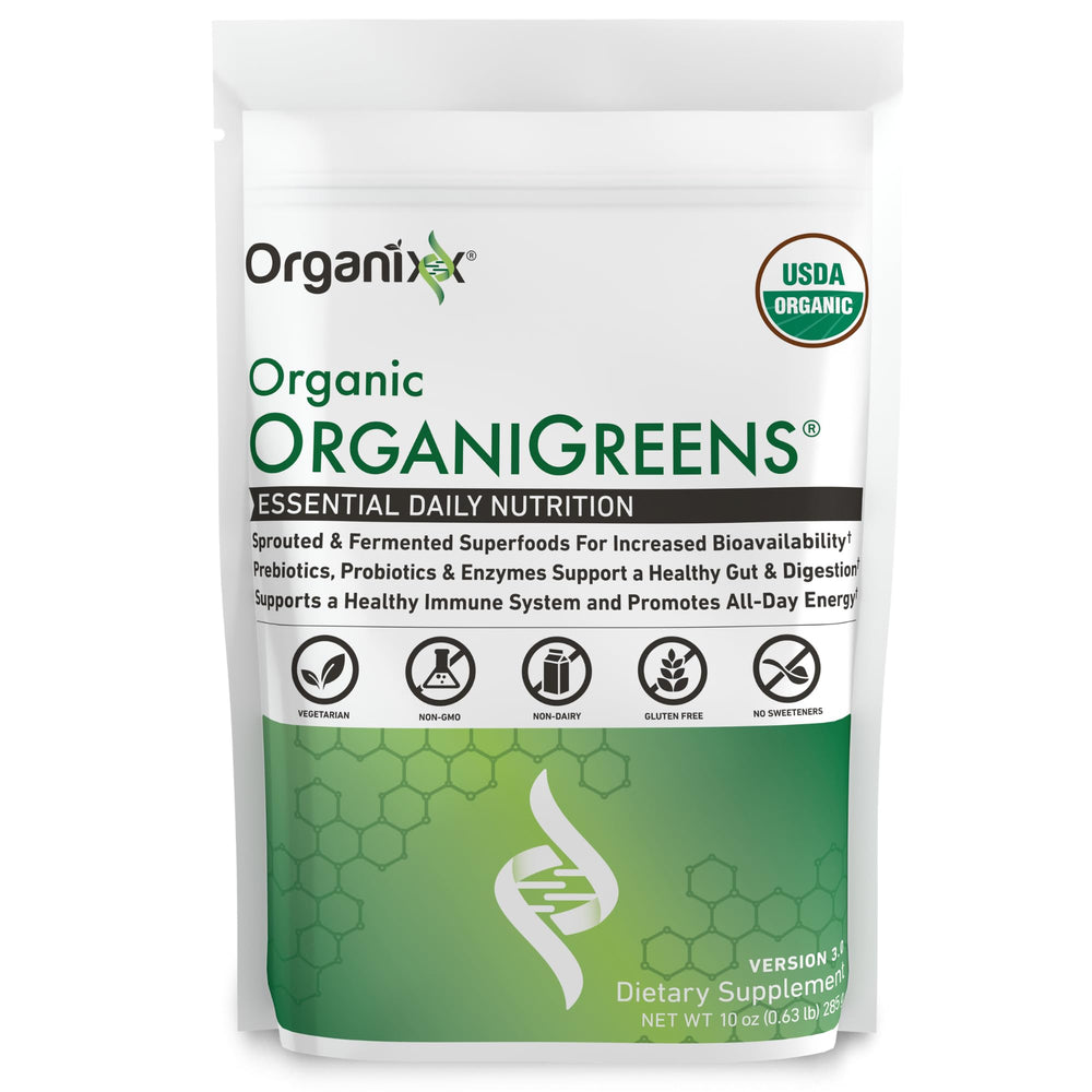 Organixx Greens Superfood Powder tub featuring organic greens for daily vitality