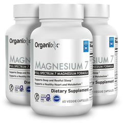 Organixx Magnesium 7 bottle front view highlights seven forms for optimized absorption.