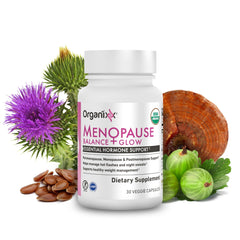 Organixx Menopause Balance Glow bottle showcases clean, plant-based support for everyday wellbeing.