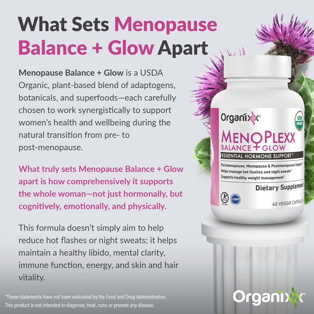 Closeup of Organixx Menopause Balance + Glow capsules for easy daily use