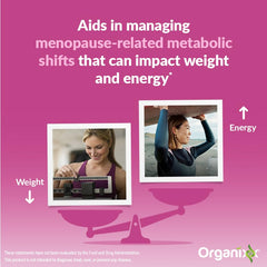 Organixx Menopause Balance Glow ingredient panel shows organic botanicals and adaptogens.