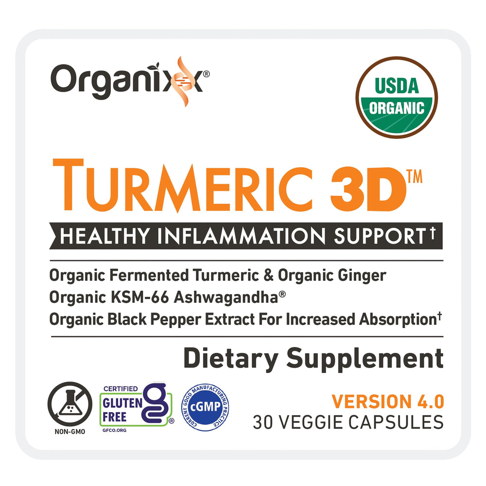 Organixx Turmeric 3D ingredients label emphasizing clean organic ingredients.