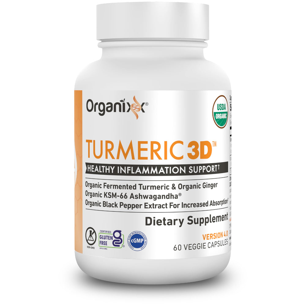 Organixx turmeric-curcumin bottle back label highlighting organic ingredients and bioavailability.
