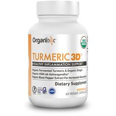 Organixx turmeric-curcumin bottle back label highlighting organic ingredients and bioavailability.