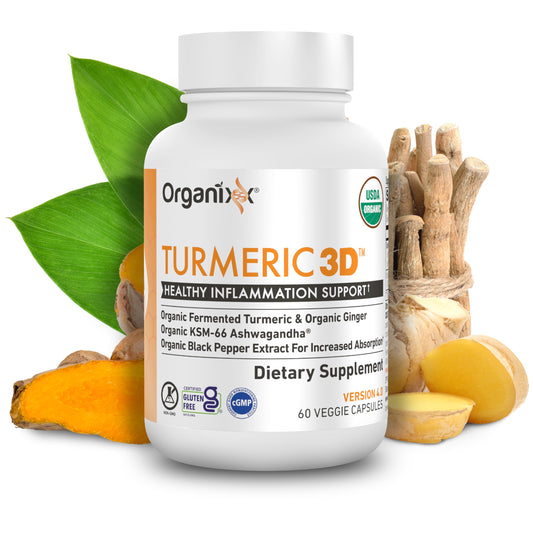 Organixx USDA Organic Turmeric Curcumin bottle shows fermentation for enhanced bioavailability.