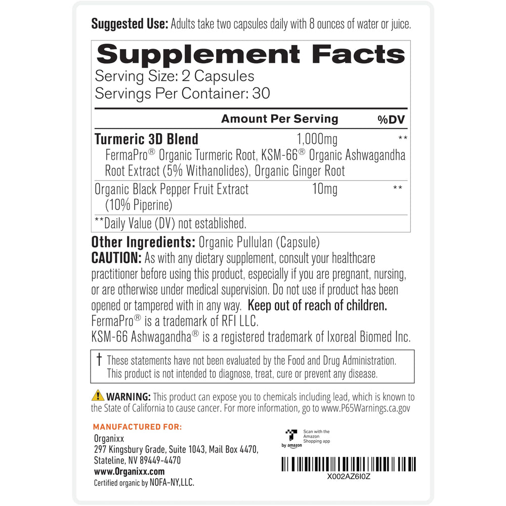 Organixx vitamin-d-ashwagandha-ginger capsules in a clear bottle supporting daily wellness.