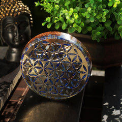 Orgonite Crystal 90mm round plate for desk display and ritual use.