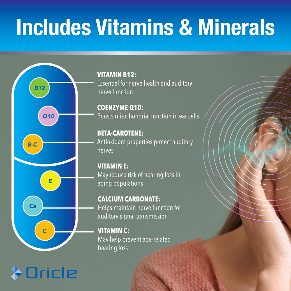 Oricle Targeted Hearing Support vegan packaging emphasizes sustainable daily use and clean ingredients.