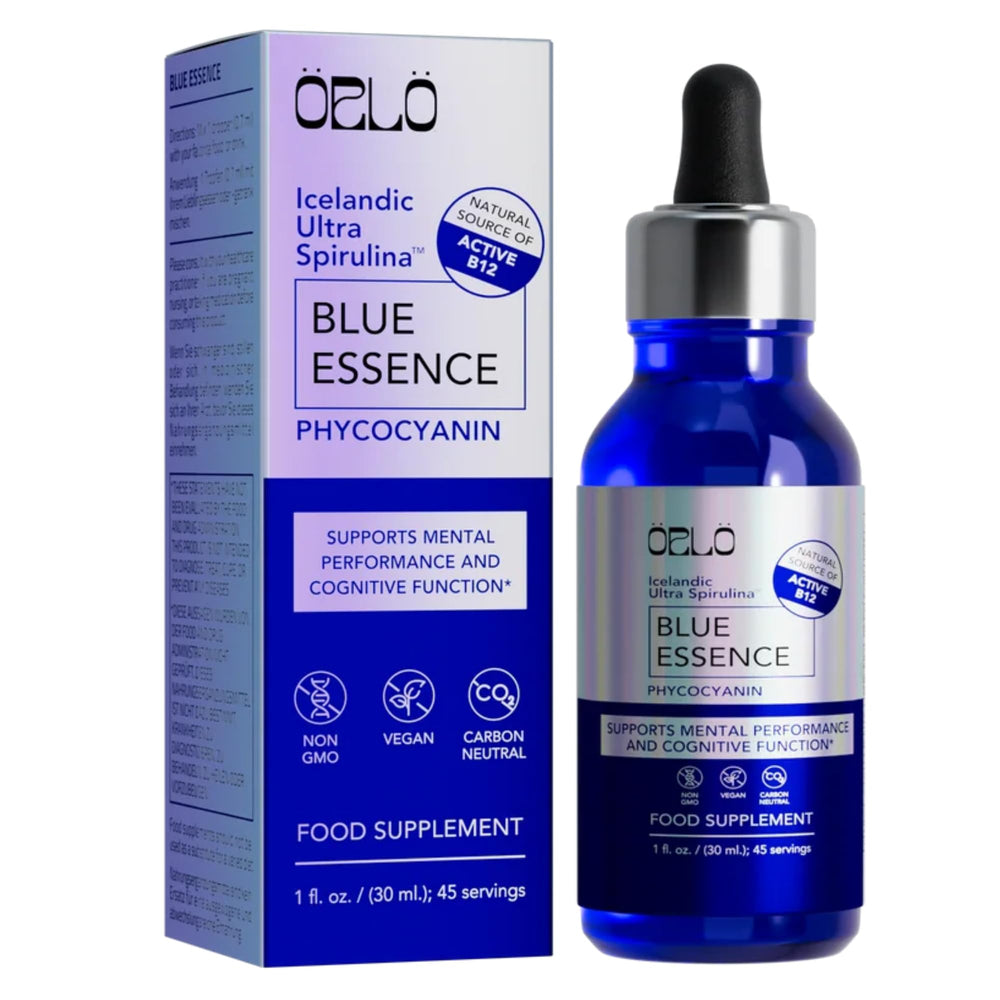 Orlo Blue Essence bottle front with vibrant blue hue for clean vegan nutrition.
