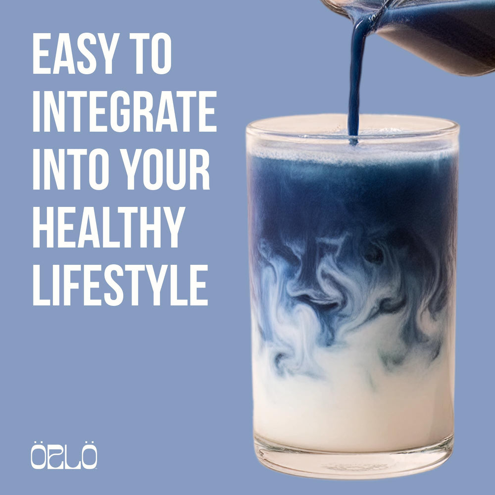 Orlo Blue Essence glass with blue tint indicating nutrient-rich color.