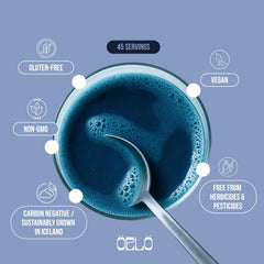 Orlo Blue Essence Icelandic Ultra Spirulina illustration suggesting pristine sourcing.