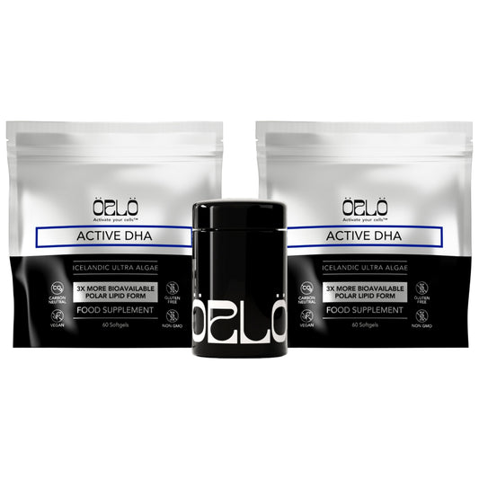 Orlo DHA bottle with 120 mini softgels highlighting brain and eye support