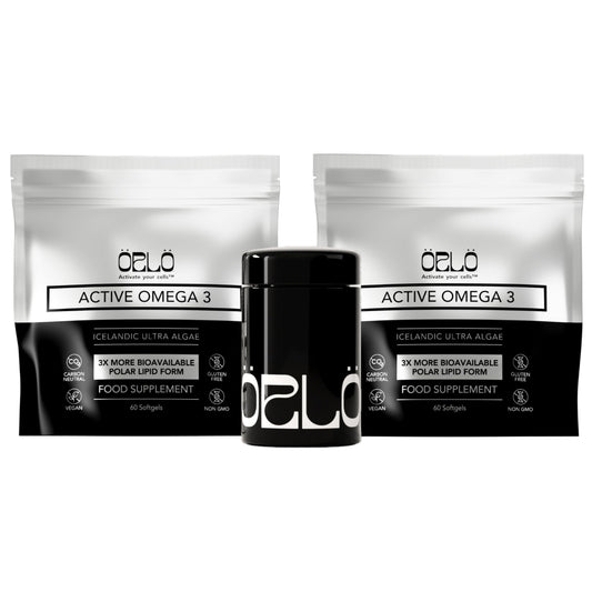 Orlo vegan omega-3 algae oil bottle promoting brain and heart wellness.