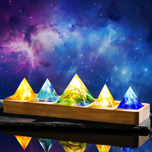 Ornalrist 5 chakra crystal pyramid glows softly, enhancing meditation ambiance