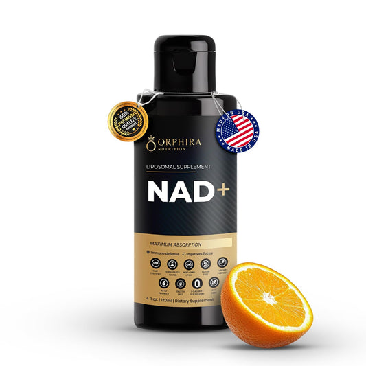 Orphira Nutrition liquid NAD+ bottle for enhanced absorption and daily energy support.