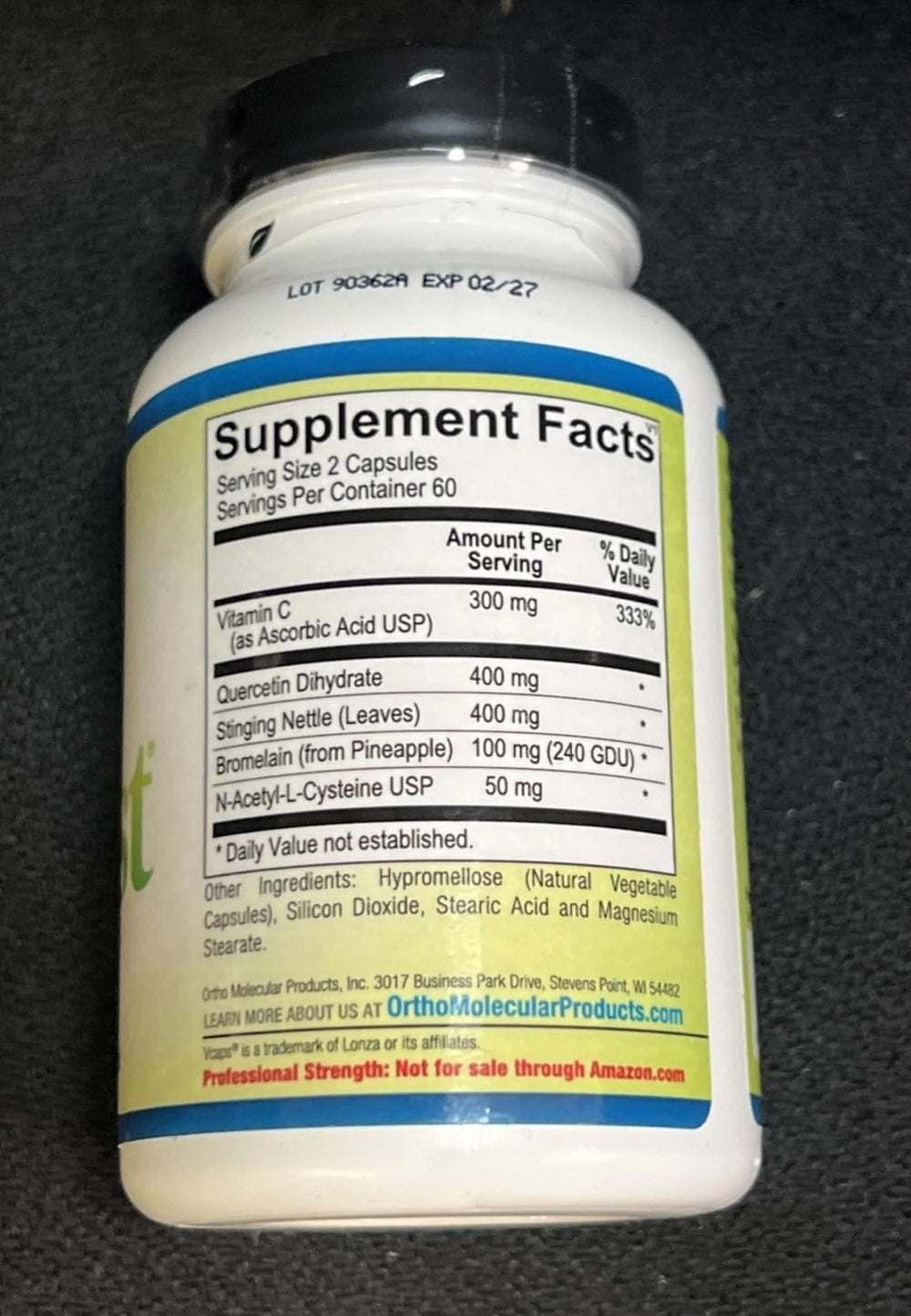 Ortho Molecular Natural D-Hist capsules closeup showing daily respiratory support.