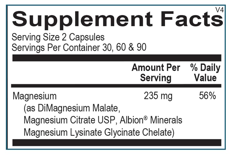 Ortho Molecular Reacted Magnesium label showing three absorbed forms for versatility