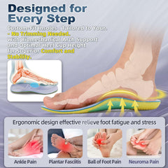 OrthoComfoot flat feet insoles gel-pad close-up highlighting cushioned heel shock absorption.