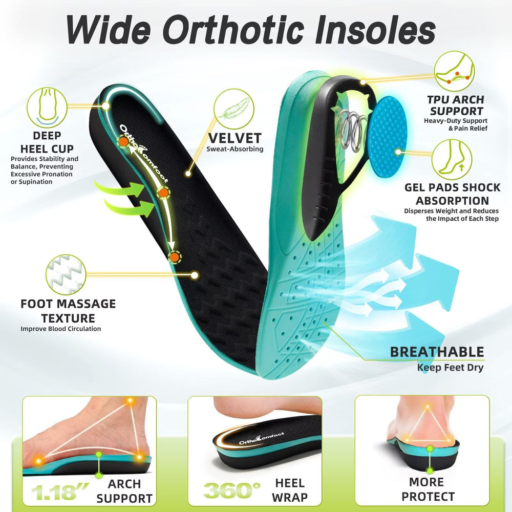 OrthoComfoot heel-pain-relief design supports arches for steady daily movement.