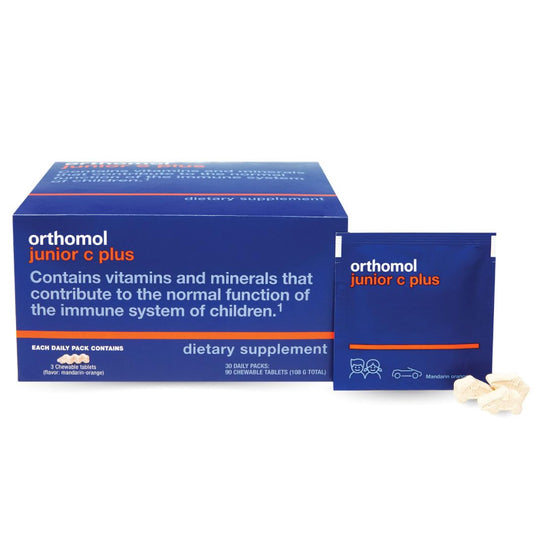 Orthomol Immun Junior C Plus bottle shows a kid-friendly immune support vitamin blend.