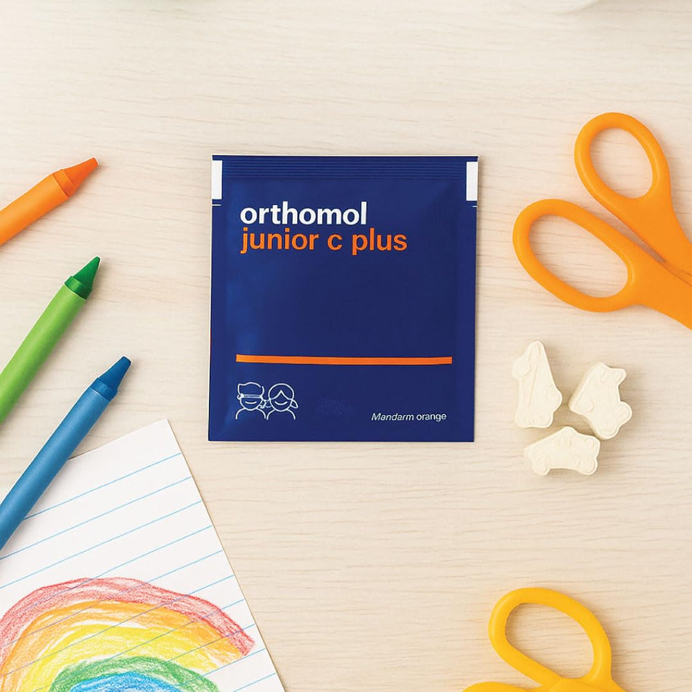 Orthomol Immun Junior C Plus ingredients panel emphasizes calcium and iodine.