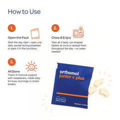 Orthomol Immun Junior C Plus packaging on shelf signals family-friendly nutrition.