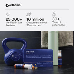 Daily-use concept with glass of water beside Orthomol Sport bottle.