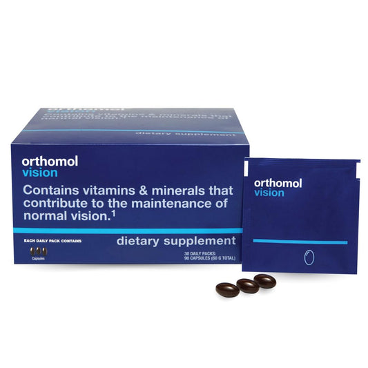 Orthomol Vision bottle pills showing daily eye health support with DHA and vitamins