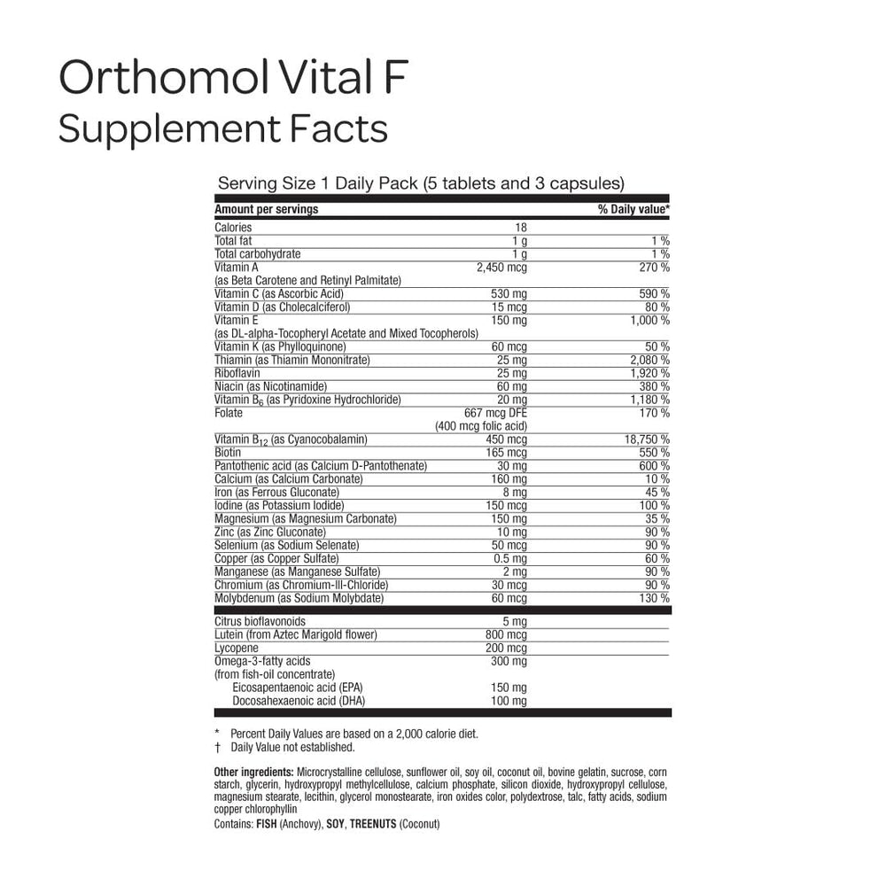 Orthomol Vital F label noting German-made, gluten-free, non-GMO formula.