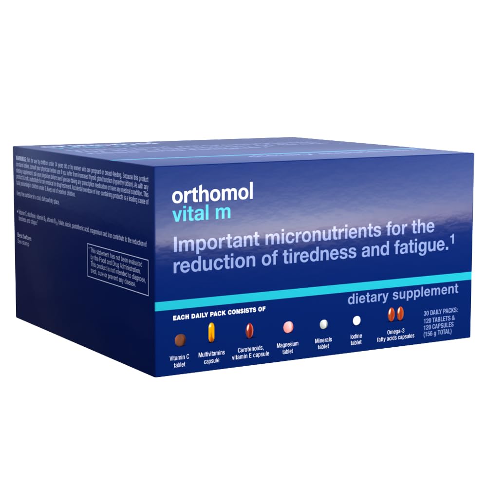 Orthomol Vital M bottle label highlights gluten-free and lactose-free features for sensitive diets