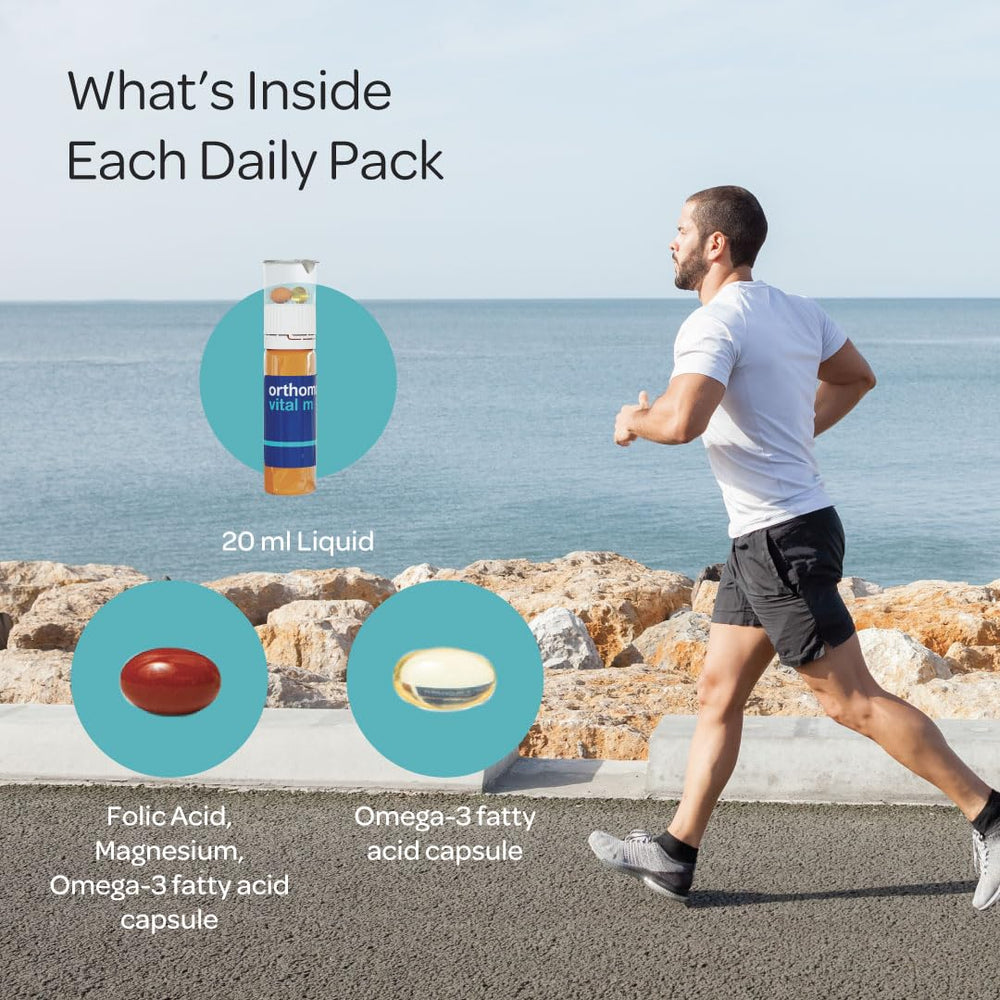 Orthomol Vital M daily pack illustration highlights the 2-in-1 delivery system.