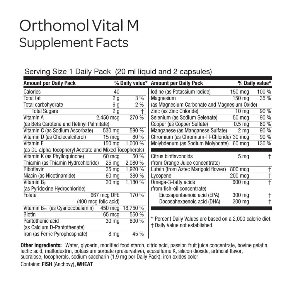 Orthomol Vital M packaging with blue wall design reflects trusted German heritage.