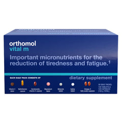 Orthomol Vital M tablet packets for a 30-day men's multivitamin routine supporting daily energy