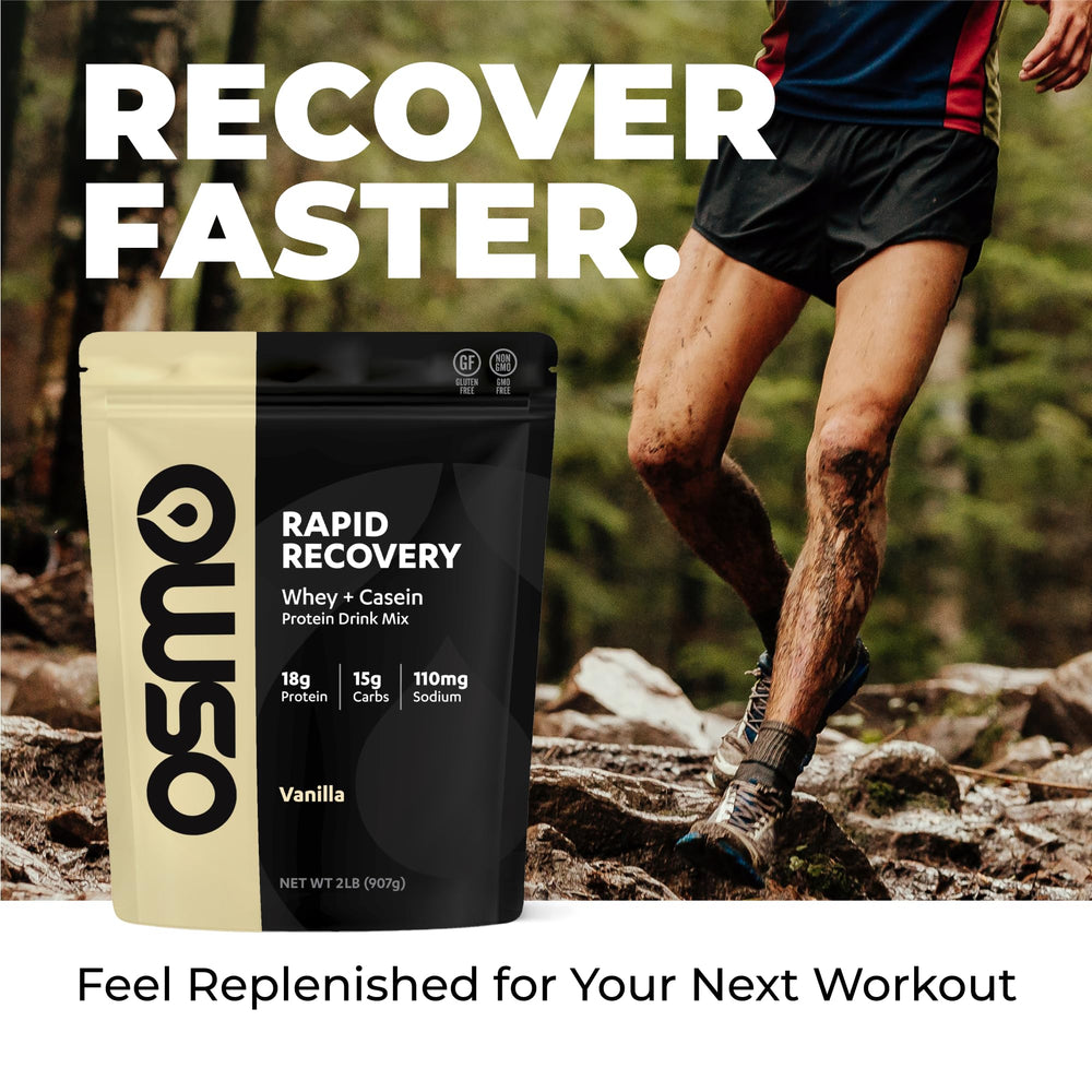 Osmo Rapid Recovery vanilla powder being poured into a shaker after training