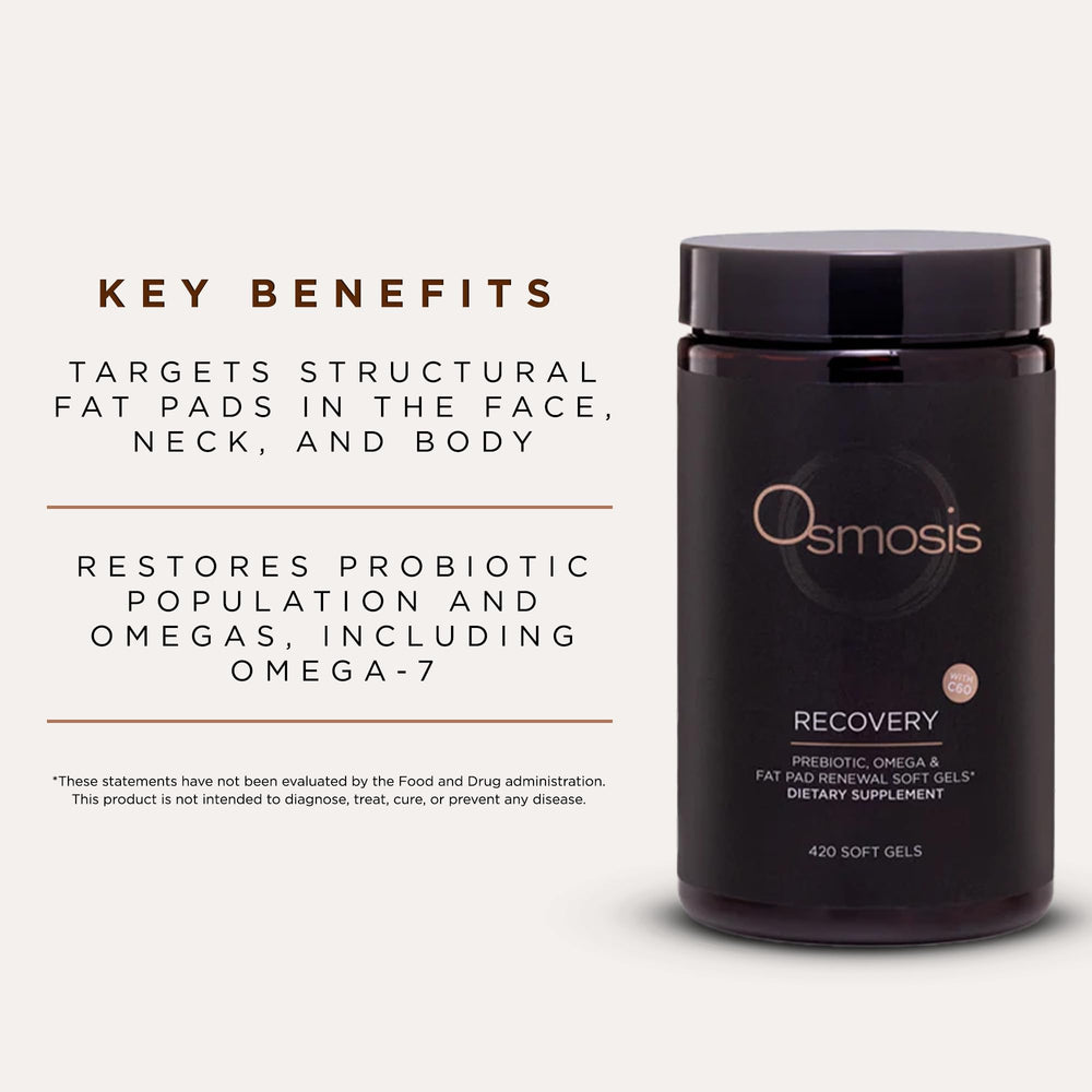 Close-up of OSMOSIS Recovery capsules showing easy-to-swallow soft gels.