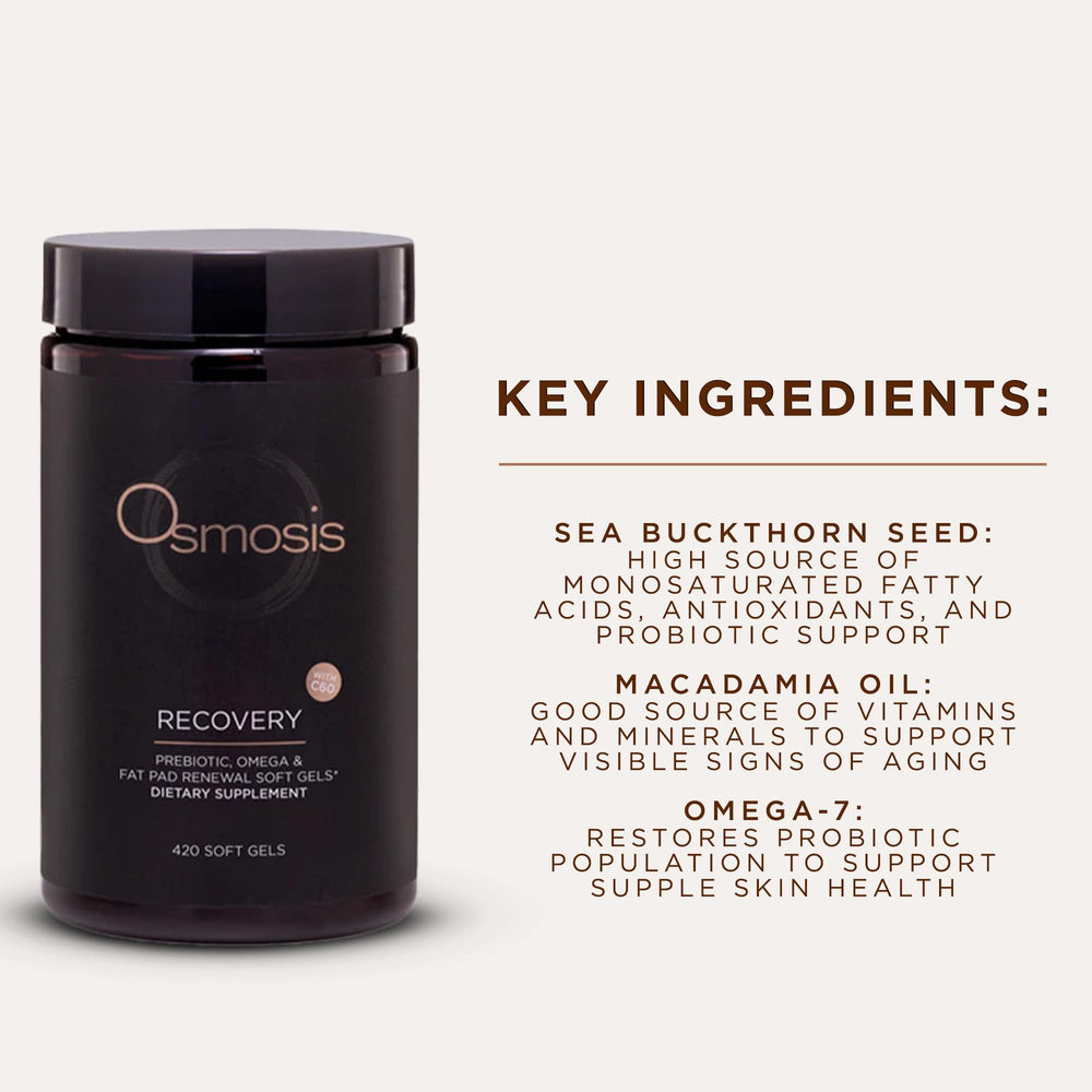 OSMOSIS Recovery Omega-7 graphic indicating essential fatty acids for probiotic balance.